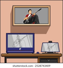 illustration of a laptop and tablet display on a table and a painting of a young guitarist on the wall