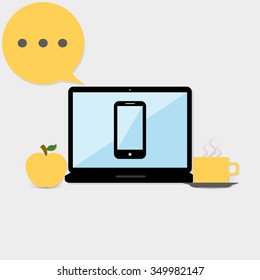 An illustration of laptop, tablet, mobile phone, golden apple and coffee cup needed to creativity work