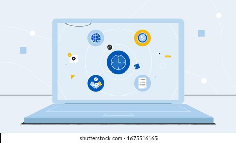 Illustration with laptop and work process icons on the screen. Multitasking and time management concept. Effective management. Vector illustration.