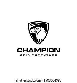 illustration of a large abstract eagle's head that looks scary in a shield logo design.