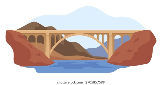 Ilustração de uma grande ponte arqueada sobre um rio azul. A ponte conecta colinas rochosas, criando um cenário tranquilo contra a paisagem natural. O céu acrescenta profundidade à paisagem.