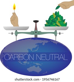 An illustration of a large balance on the earth. On both sides of the balance are a lit hand and a hand for stacking leaves. Imaginary illustration of carbon neutral. Created with vector data.