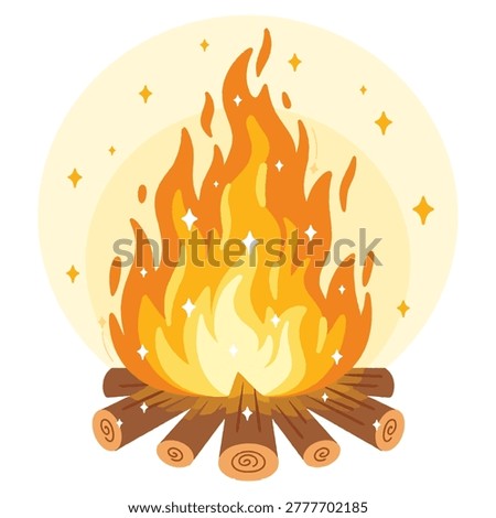 Illustration of a large blazing ritual bonfire with bright orange flames and wooden logs. Beltane day.	Hand drawn.