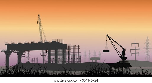 illustration with large bridge building at orange sunset
