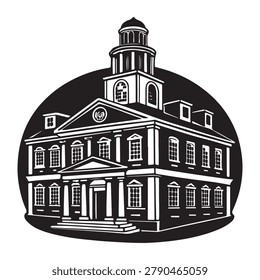 Illustration of a large building with a clock tower and columns on the front a historic architectural structure with many windows