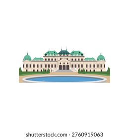 Illustration of a large building with green domes and a pond