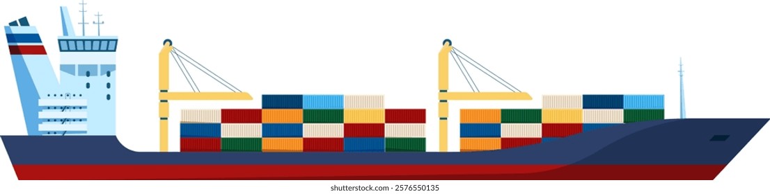 Illustration of a large cargo ship carrying stacked containers across the ocean. The vessel features cranes and a streamlined design, symbolizing global trade and maritime logistics