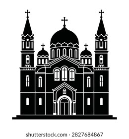 Illustration of a large church with multiple domes and crosses, showcasing religious architecture