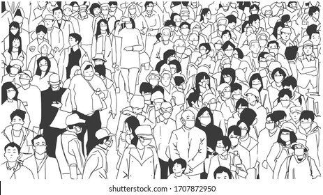 Illustration Of Large City Crowd With Face Masks In Black And White