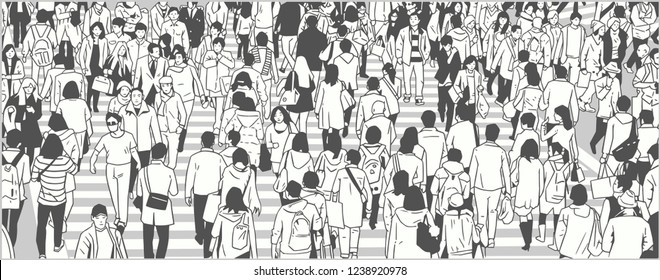 Illustration Of Large City Crowd People Tourist Walking