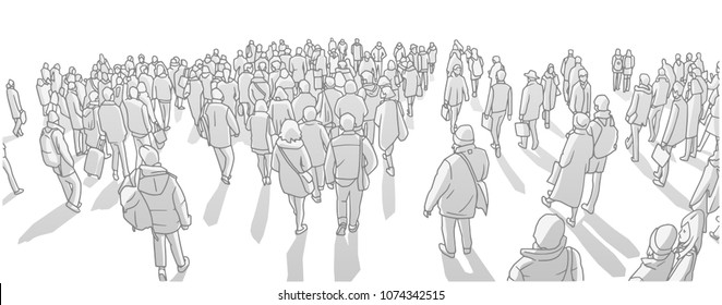 Illustration Of Large City Crowd Walking In Perspective In Black And White Grey Scale