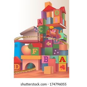 The illustration of the large construction various items, toys and cubes for children's play. It is a children's railway and locomotive. Made on separate layers, in a cartoon style.