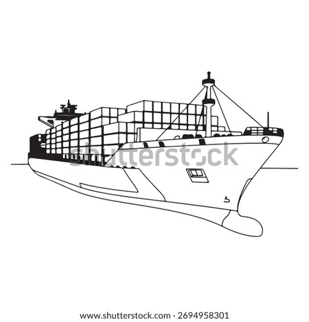 Illustration of a Large Container Ship A Detailed Black and White Depiction, Representing Global Trade and Transportation ''concept words''