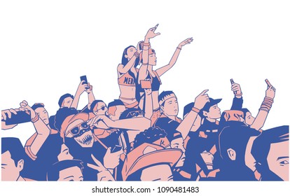 Ilustración de una gran multitud de compinches actando en la fiesta del festival con las manos levantadas