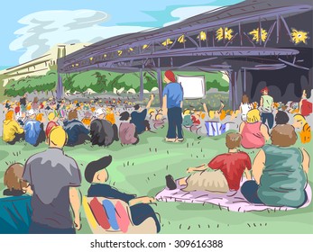 Illustration of a Large Crowd Gathering Before a Concert