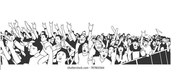 Illustration of large crowd of people cheering at concert with raised hands in black and white