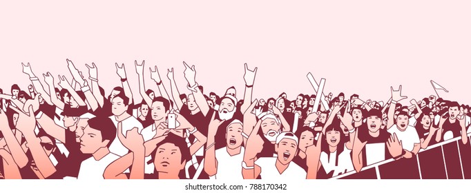 Illustration of large crowd of people cheering at concert with raised hands in color