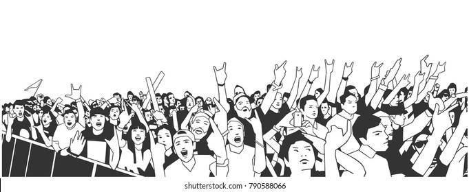 Illustration of large crowd of people cheering at concert with raised hands in black and white