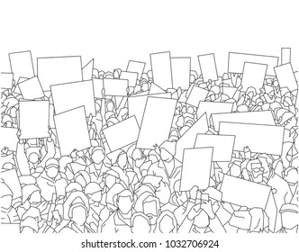 Illustration of large crowd of people demonstrating with blank signs 