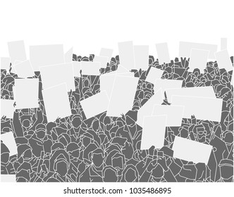 Illustration of large crowd of people demonstrating with blank signs 