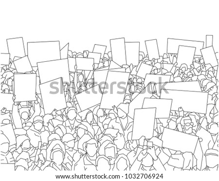 Illustration of large crowd of people demonstrating with blank signs 