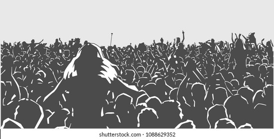 Illustration of large crowd of people at live event in black and white
