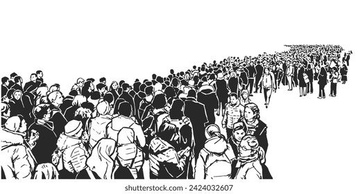 Illustration of large crowd of people standing in line in black and white