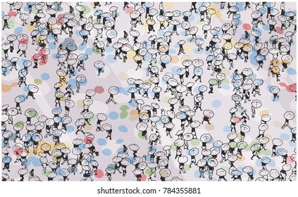 Illustration of large crowd of people walking with umbrellas with colored background