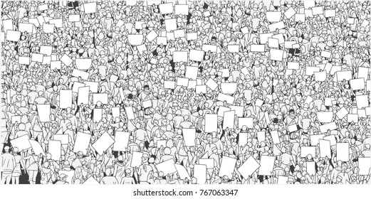 Illustration of large crowd protest with blank signs and banner in black and white