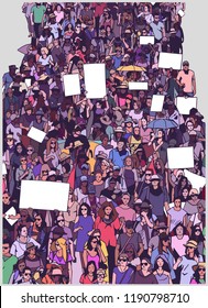 Illustration of large crowd protest demonstration with blank signs banners