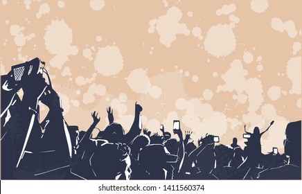 Illustration of large crowd of young people at live music event party festival