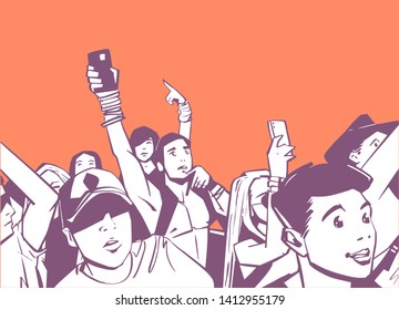 Illustration of large crowd of young people at live music event party festival