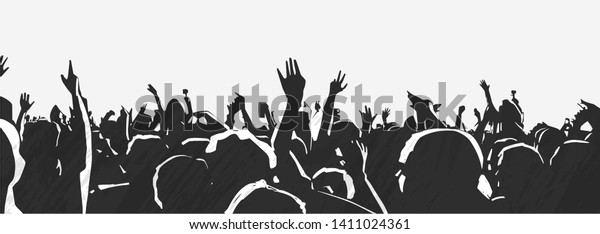 Illustration of large crowd of young people at\
live music event party\
festival