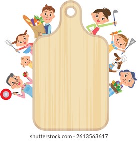 An illustration of a large cutting board and a three-generation family preparing food