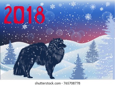 illustration with large dog in winter landscape