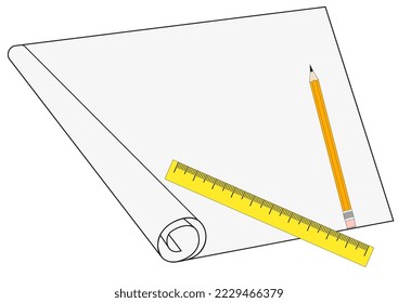 Ilustración de una gran hoja de dibujo de papel con un lápiz y una regla