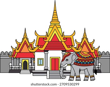 Ilustración de un Grande elefante frente al templo