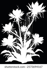 illustration with large flowers silhouettes isolated on black background