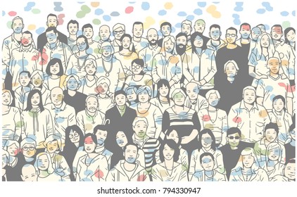 Illustration Of Large Group Of People Smiling And Posing For A Photograph In Colorful Festive Atmopshere