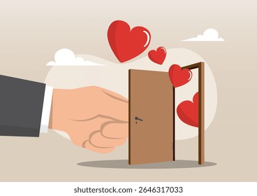 An illustration a large hand opening a door from which red hearts are flowing out, symbolizing the concept of opening one's heart, expressing love, or emotional generosity