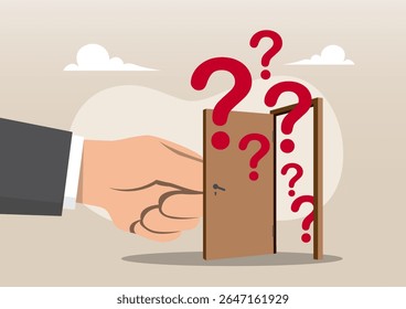 Uma ilustração uma grande mão abrindo uma porta da qual vários grandes pontos de interrogação vermelhos fluem para fora, simbolizando o conceito de incerteza ou as possibilidades desconhecidas que estão atrás do limiar