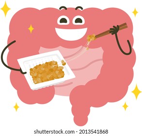 Illustration of the large intestine. A healthy pink large intestine eating natto.