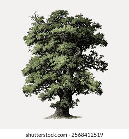 Illustration of a large, leafy tree with dense foliage. The tree stands tall, showcasing its branches and leaves. A tree with lush greenery and intricate details. Vintage art vector element.