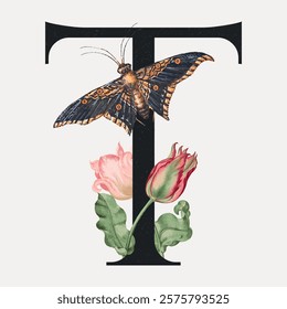 Illustration of a large letter 'T' with a detailed butterfly perched on top and two tulips below. The butterfly and tulips add a natural, artistic touch.