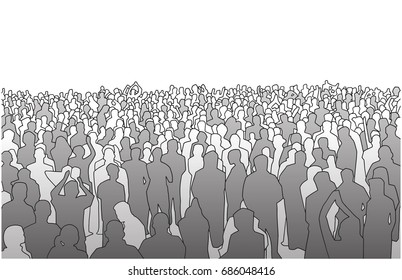 Illustration of large mass of people in perspective in grey scale