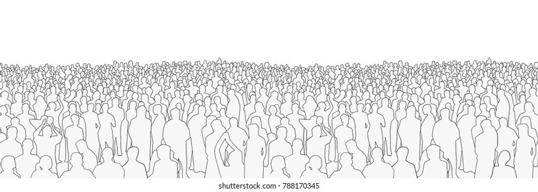 Illustration of large mass of people from wide angle in black and white