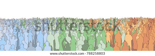 Illustration of large mass of people from wide\
angle in color