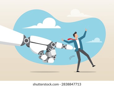 An illustration of a large mechanical robotic hand flicking a businessman away. The man in a suit is being pushed back by the robot's finger, symbolizing the threat of AI