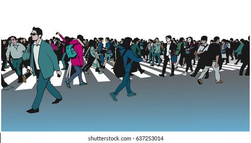 Illustration of large mixed ethnic crowd crossing zebra in color