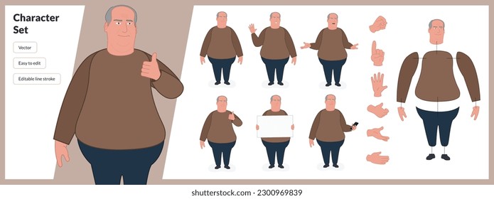 Illustration of large overweight man, wearing business casual clothing in a set of multiple poses. Easy to edit with editable line strokes and isolated on white background. Suitable for animation.